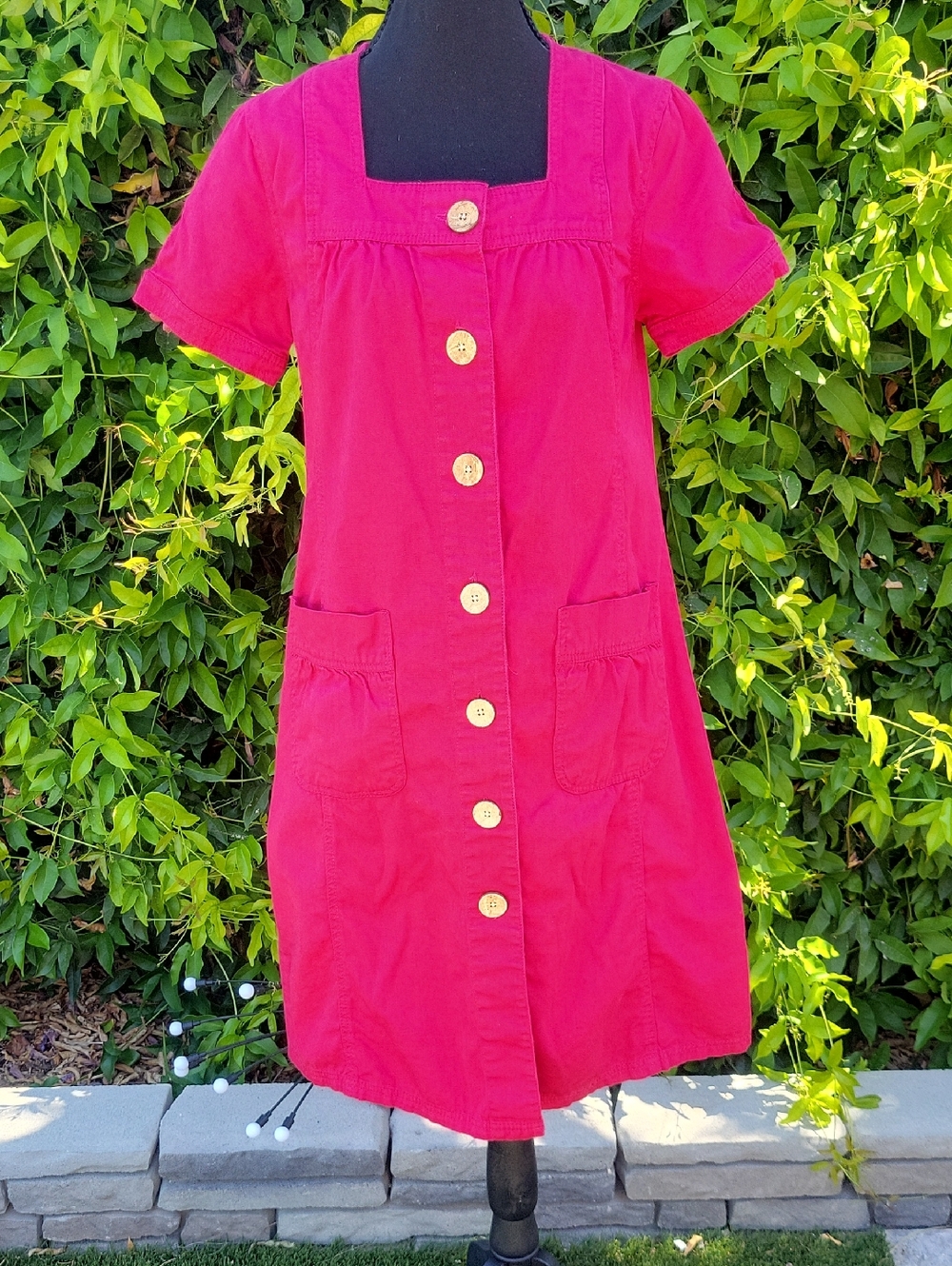 Fuchsia Pink Button-Front Denim Like Dress With Pockets S